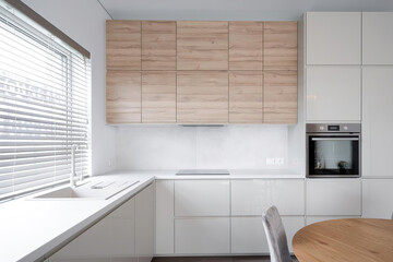 Modern luxury kitchen interior in minimal scandinavian style, 3d render