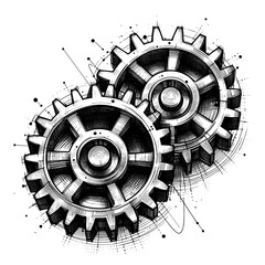 Interlocking gears in sketch style in black and white representing machinery