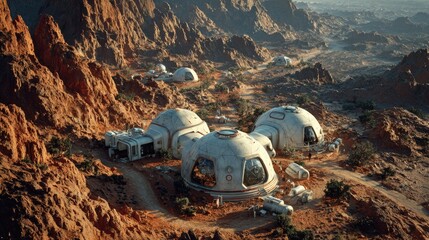 Top down Satellite view of a terraformed Mars colony geometric domes and red soil sci-fi realism