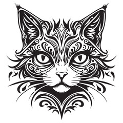 Obraz premium Intricate black and white tribal tattoo design of a cat s face with ornate swirling patterns and sharp lines