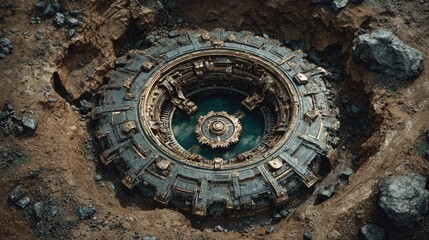 Obraz premium Top down Satellite view of a giant clockwork mechanism embedded in the earth steampunk aesthetic