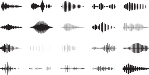 Collection of Black and White Traced Sound Waveforms Various Styles and Patterns Audio Visualizer Graphic Elements