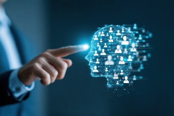 A hand points towards a digital hologram of a human head composed of interconnected icons representing people and data.