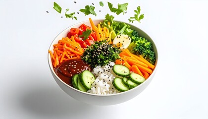 Isometric View of Colorful Rice Bowl with Vegetables and Sauce