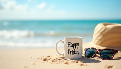 White mug with Happy Friday text placed on sandy beach beside straw hat and sunglasses, with ocean and blue sky in background. Cheerful summer scene perfect for vacation, lifestyle, weekend visuals.