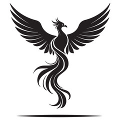 Obraz premium Stylized black phoenix silhouette with open wings and flowing tail feathers on white background