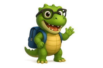 Fototapeta premium Cute Cartoon Dinosaur Character Wearing Glasses and School Backpack Waving Hand Isolated on White Background Perfect for Back-to-School or Education Themes