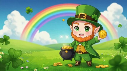 A leprechaun with a gold coin stands among clovers in a vibrant green landscape and rainbow