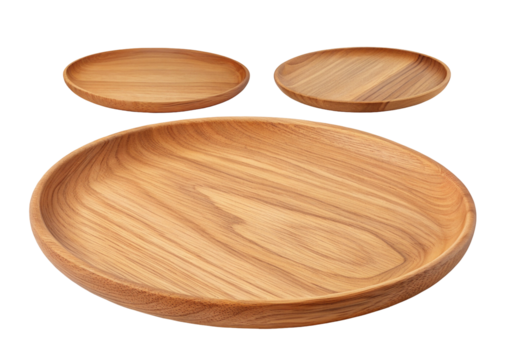 Three wooden plates with natural grain pattern against a plain background arranged in a triangle