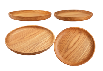 Four round wooden plates displayed against a plain black background in varying orientations