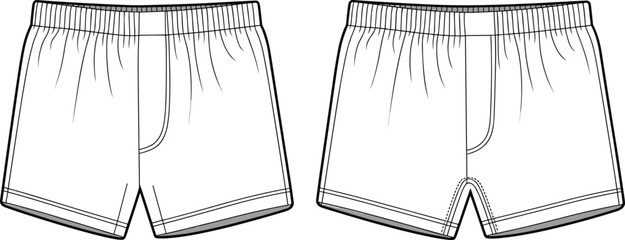 Men boxer shorts front and back, flat technical sketch, fashion undergarment design, elastic waistband detail, vector apparel cad template drawing