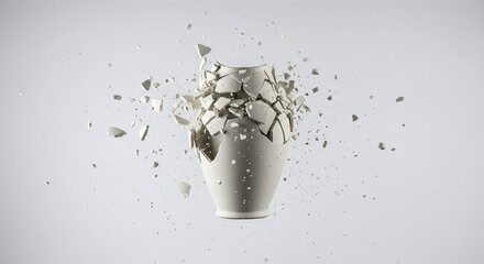Shattered vase explosion on white backdrop