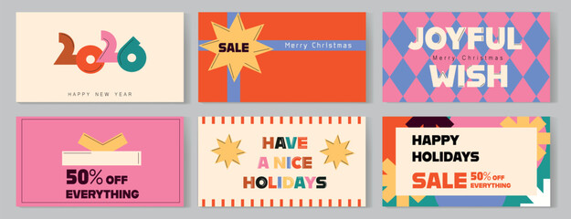 A festive collection of bold and colorful banners for Christmas, New Year, and holiday sales. Includes discount signs, sale, business card, greeting messages, and gift-themed elements.