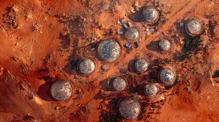 Top down Satellite view of a terraformed Mars colony geometric domes and red soil sci-fi realism