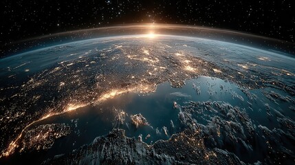Satellite view Stunning night-time view of Earth from satellite illuminated by starlight and artificial glows of human civilization
