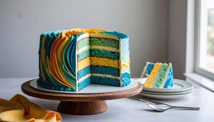 Multi Layered Cake Featuring Teal, Yellow, and Gold Icing
