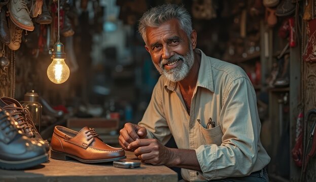 indian craftsman with traditional tools for shoe repair
