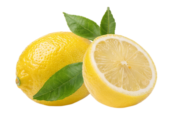 Whole fresh lemon and halved lemon with green leaves on bright contrasting background tone