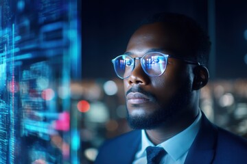 A focused man in glasses studies digital data on a transparent screen in a modern, high-tech environment with a blurred cityscape background.