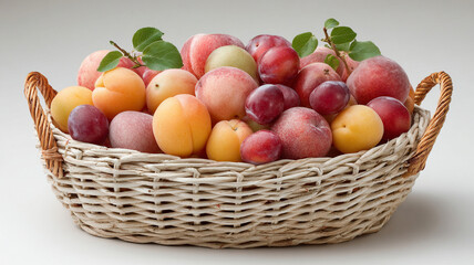 Fresh basket filled with peaches, plums, and apricots