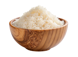 Wooden bowl filled with cooked white rice on a plain background feature bright detailed view