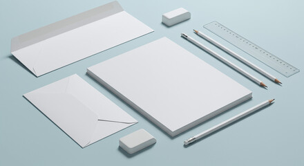Stationery set: paper, pencils, ruler on blue background