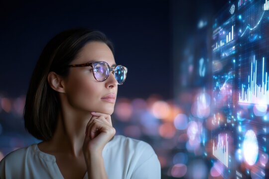 A woman in glasses thoughtfully analyzes futuristic data charts and graphs on a transparent digital screen in a dimly lit environment. - Powered by Adobe
