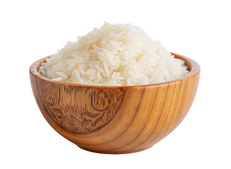 Wooden bowl filled with cooked white rice isolated on a plain background for culinary presentation