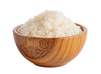 Wooden bowl filled with cooked white rice isolated on a plain background for culinary presentation