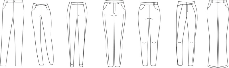 Womens pants flat sketch, various styles, fashion cad vector, front view design, technical drawing, apparel template, editable outline, stylish silhouettes