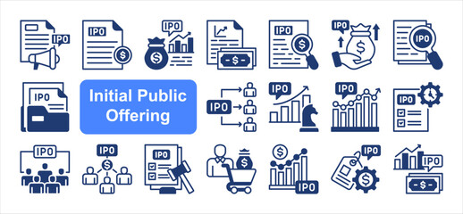Initial Public Offering  editable stroke icon set, with Prospectus, Valuation, Disclosure, Filing, Investor, Stock exchange, Equity.