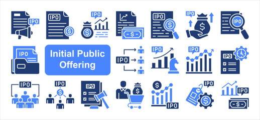 Initial Public Offering  editable stroke icon set, with Prospectus, Valuation, Disclosure, Filing, Investor, Stock exchange, Equity.