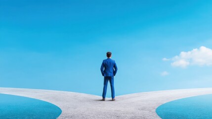 A man in a blue suit stands at a fork in the road, facing a clear blue sky, symbolizing decision-making and choices.