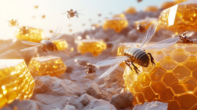 A futuristic beehive with translucent honeycombs, drones buzzing in geometric precision.