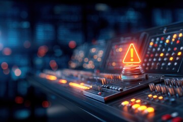 A close-up of a control panel with illuminated buttons and an orange warning light glowing, set in a dark, high-tech environment.
