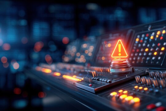 A close-up of a control panel with illuminated buttons and an orange warning light glowing, set in a dark, high-tech environment.