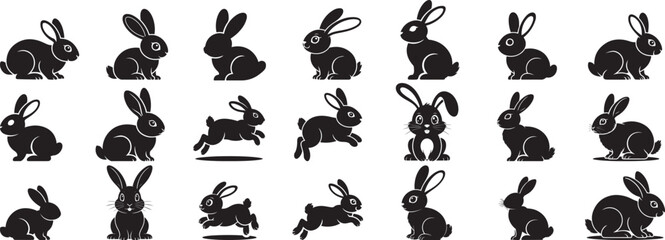 Black rabbits jumping sitting bunnies silhouettes