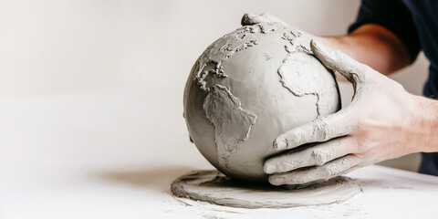 Hands of a sculptor sculpting the globe, cpyspace