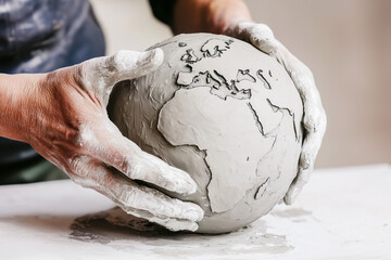 Hands of a sculptor sculpting the globe