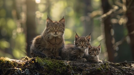 Obraz premium Scottish Wildcat Day. Scottish wildcat mother with two kittens in ancient Caledonian forest, dappled sunlight filtering through tall scots pine trees