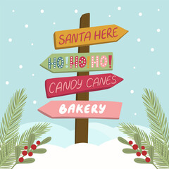 Whimsical snowy signposts with festive messages Xo Xo Xo, Candy Canes, and Santa Here bringing holiday cheer in a cozy winter scene.