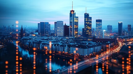 Aerial photo of frankfurt skyline at dusk showcasing modern architecture illuminated by city lights