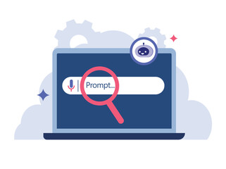 AI generator prompt with robot icon and laptop. Interface for creating content using AI generator technology