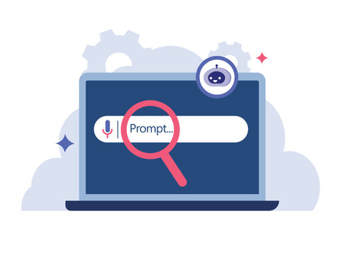 AI generator prompt with robot icon and laptop. Interface for creating content using AI generator technology