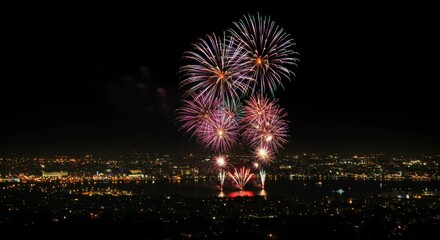 Vibrant fireworks burst over a cityscape at night, illuminating the dark sky with colorful trails