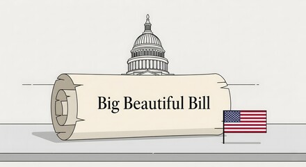 Flat illustration of scroll-style “Big Beautiful Bill” on modern surface with Capitol dome and U.S. flag — U.S. Government Theme