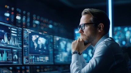 A focused man analyzes multiple data and world maps on large monitors in a dark, high-tech control room.