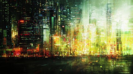 Futuristic cityscape at night, vibrant colors and digital effects.
