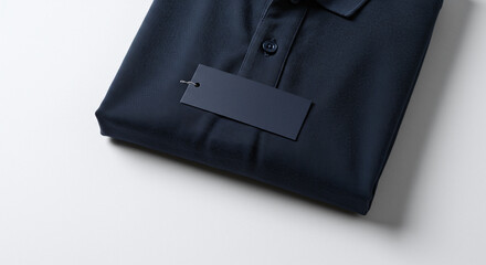Folded navy polo shirt with tag on a white background