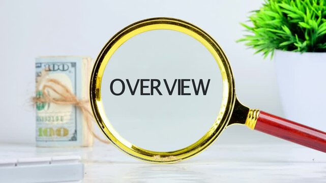 Animation of the conceptual text OVERVIEW. Tax year overview symbol. Concept words
